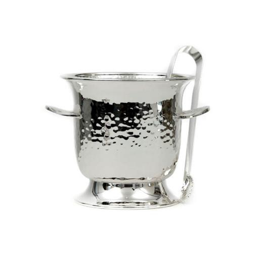 SILVER PLATED ICE BUCKET,HAMMERED  WITH ICE TONGUE