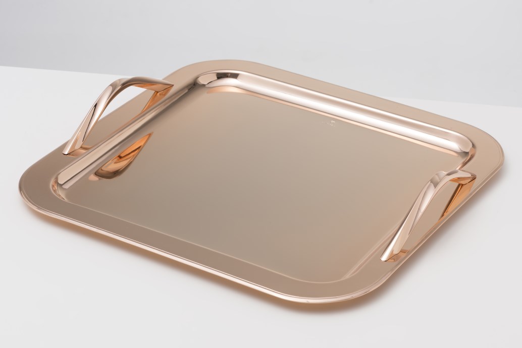 PINK GOLD PLATED TRAY, SQUARE 35 X 35 CM W PINK GOLD PLATED HANDLES