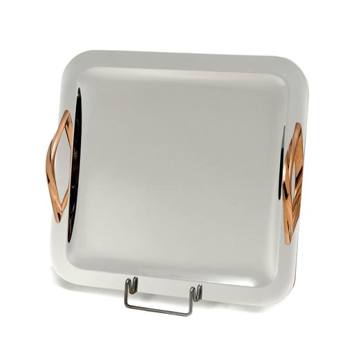 SILVER PLATED TRAY, SQUARE 35 X 35 CM W PINK GOLD PLATED HANDLES
