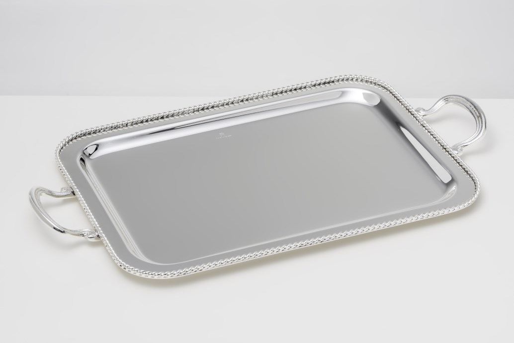 SILVER PLATED TRAY, RECTANGULAR ,DIMENSION 43 X 33 CM WITH DECOR 