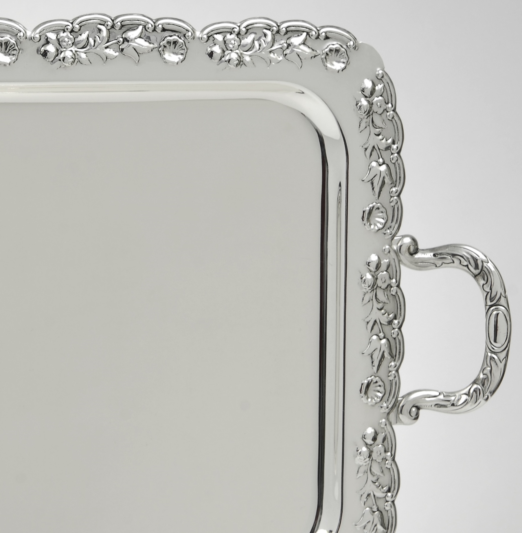 SILVER PLATED TRAY , RECTANGULAR, DIMENSIONS 43X33CM WITH FLORAL DECOR