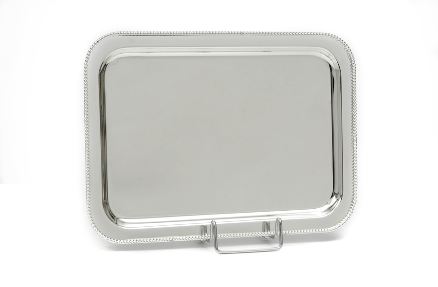 SILVER PLATED TRAY , RECTANGULAR , DIMEMSIONS 43X33CM WITH DECOR 